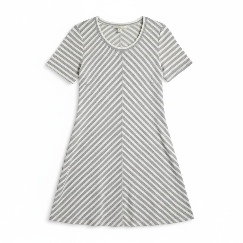 T by Talbots Sz MP Petite Casual Pullover Dress Gray White Chevron Stripe Knit